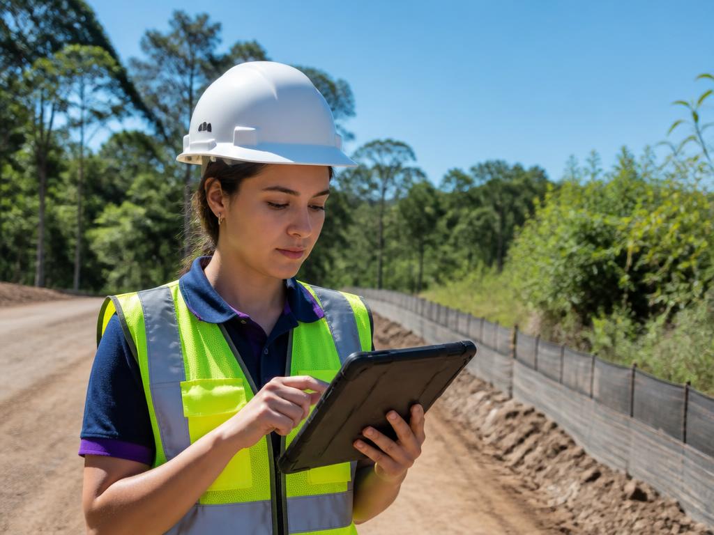 Técnica ambiental realizando supervisão em campo com tablet